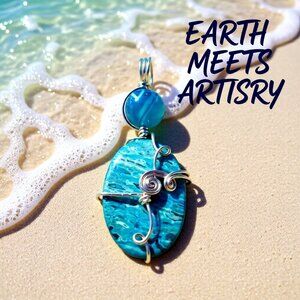 Blue Crazy Lace Agate & Banded Blue Agate ~ Wire Wrapped! Stacked Stone Pendant